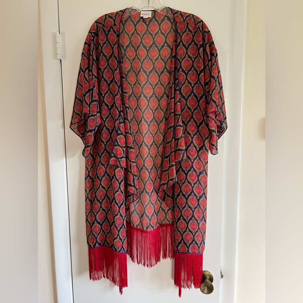 Lularoe Monroe kimono. Red/blue geometric design. Size L